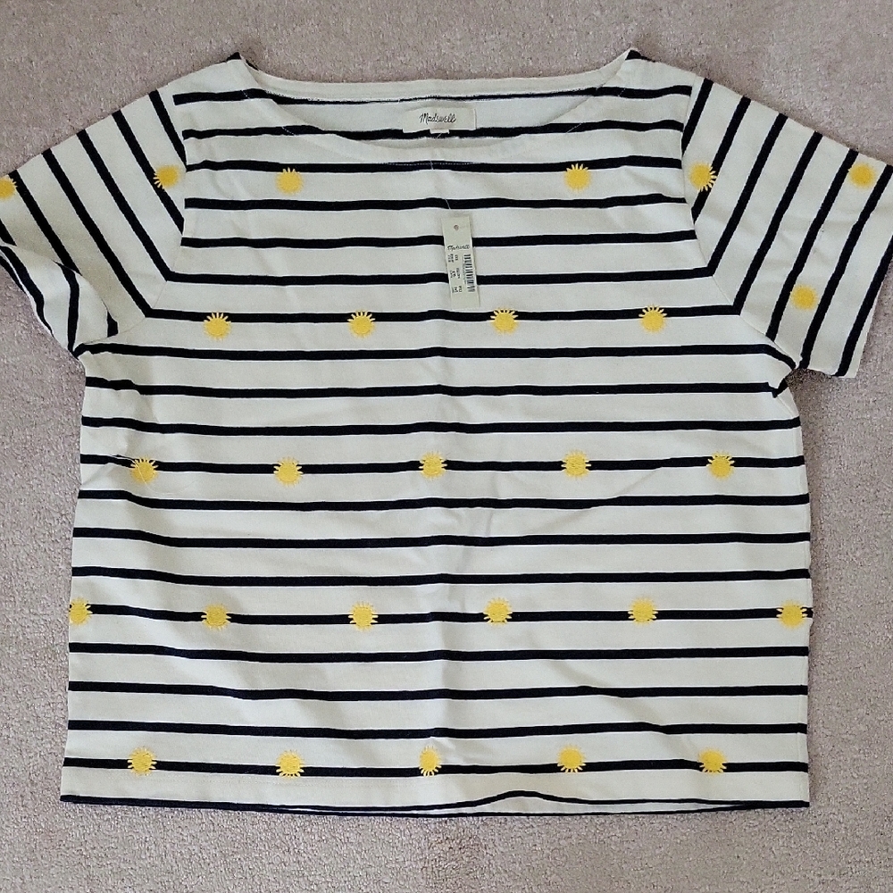 Madewell White and Black Short Sleeve Tees Nautical Style Embroidered Sun